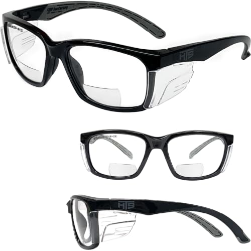 E60 2.5 Diopters Bifocal Safety Glasses with Side Shields (Black & Clear (+2.5 Diopter))