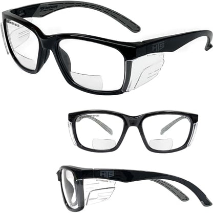 E60 2.5 Diopters Bifocal Safety Glasses with Side Shields (Black & Clear (+2.5 Diopter))