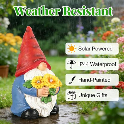 Solar Garden Gnome Statue with Lighted Sunflower Bouquet for Outdoor Decor