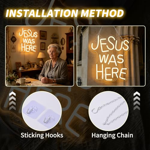 Neon Sign Jesus Was Here neon sign for Wall Decor Christian LED Signs Dimmable&USB Power Neon Light for Bedroom Easter Religious Events Church Decor（Warm White）