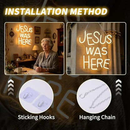 Neon Sign Jesus Was Here neon sign for Wall Decor Christian LED Signs Dimmable&USB Power Neon Light for Bedroom Easter Religious Events Church Decor（Warm White）