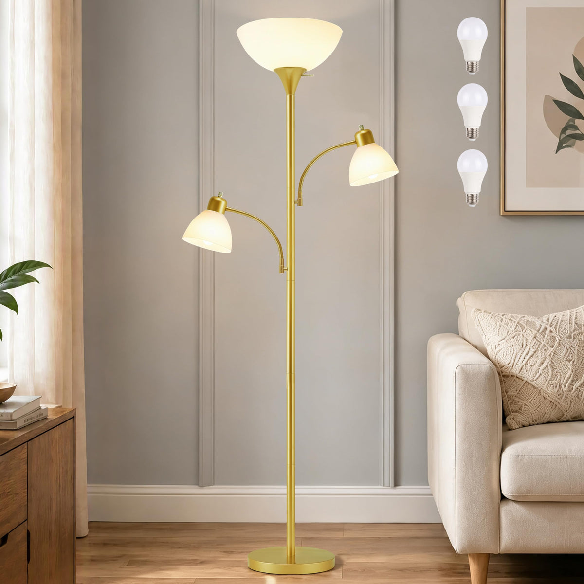 3 Head Torchiere Floor Lamps with 2 Reading Lamp for Living Room (Gold)