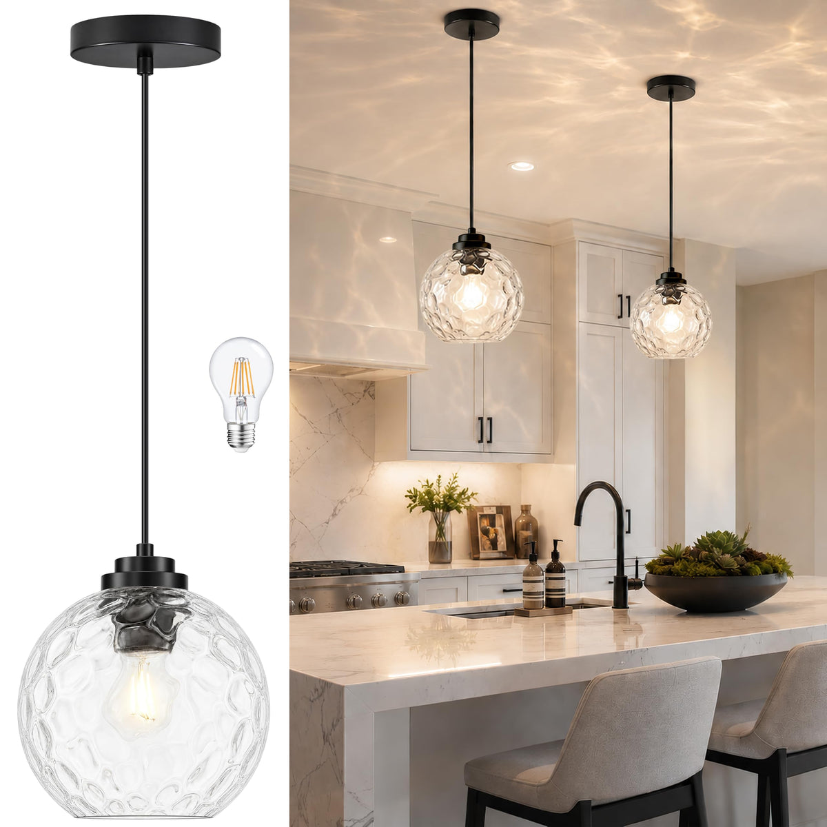 8" Modern Pendant Lights Kitchen Island Black Mid Century Modern Pendant Light Fixtures with Clear Glass Globe Modern Hanging Pendant Light for Bathroom Dining Room （Bulb Incl.） (Black & Hammered Glass / 8 Inch)