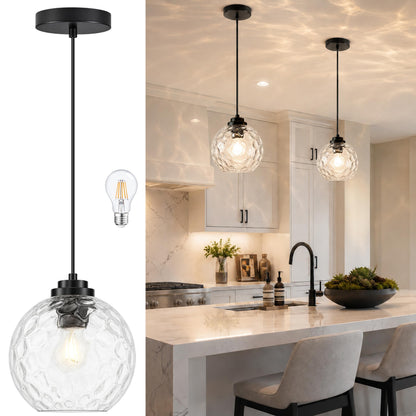 8" Modern Pendant Lights Kitchen Island Black Mid Century Modern Pendant Light Fixtures with Clear Glass Globe Modern Hanging Pendant Light for Bathroom Dining Room （Bulb Incl.） (Black & Hammered Glass / 8 Inch)