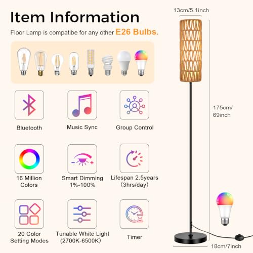 Boho Floor Lamp for Living Room with Smart RGB Bulb