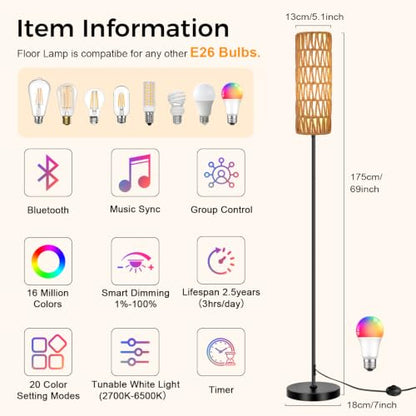 Boho Floor Lamp for Living Room with Smart RGB Bulb