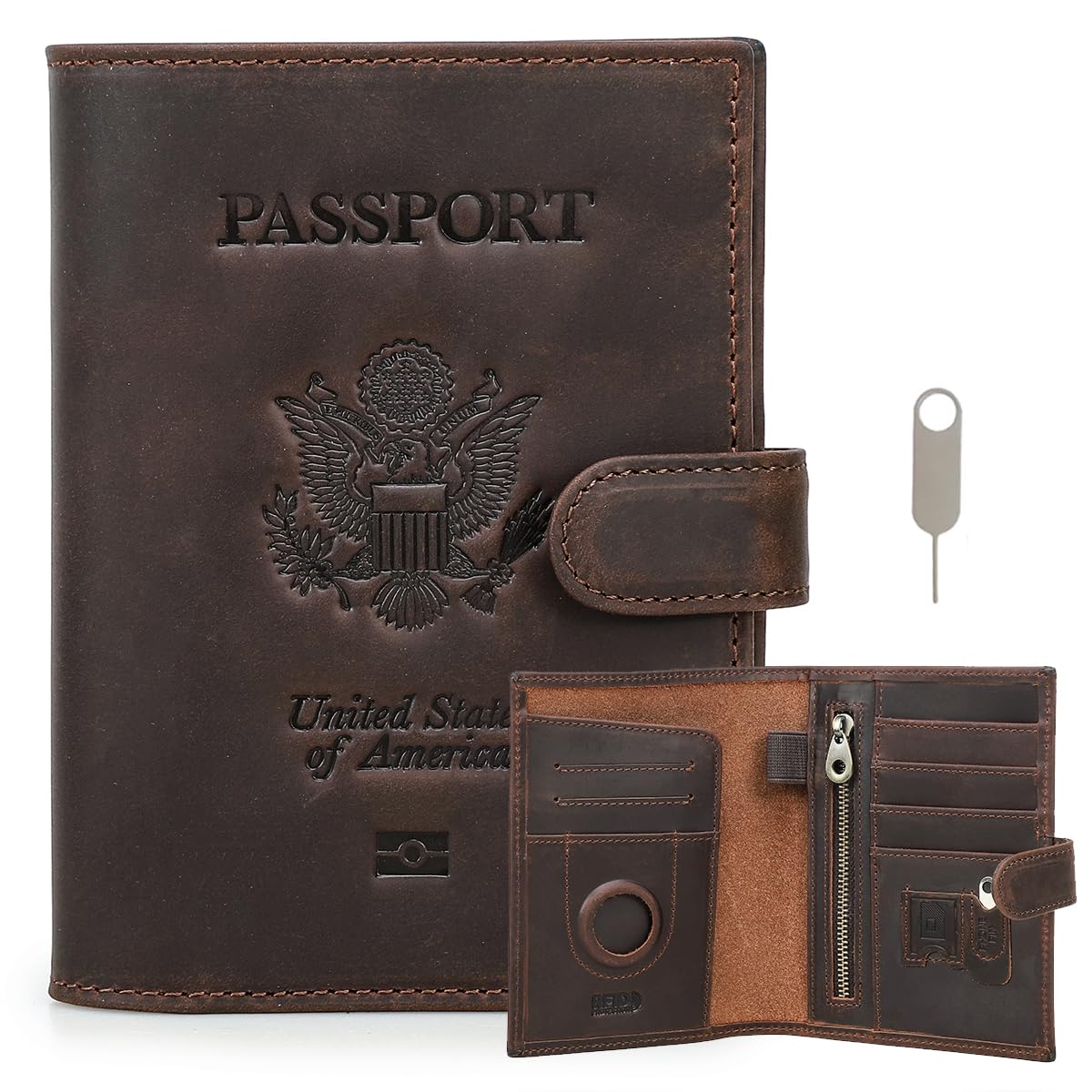 CONTACTS Full Grain Leather Passport Holder Compatible with Airtag RFID Blocking Passport Wallet for Men Travel Passport Cover with SIM Card Removal Tool (Coffee / Badge- Snap)