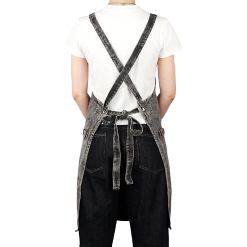 Denim Apron with Pockets and Adjustable Cross Straps for Hair Stylist Salon Nail Tech Barber Women Jean Aprons
