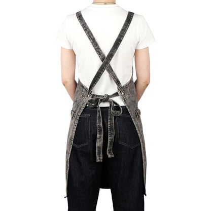 Denim Apron with Pockets and Adjustable Cross Straps for Hair Stylist Salon Nail Tech Barber Women Jean Aprons