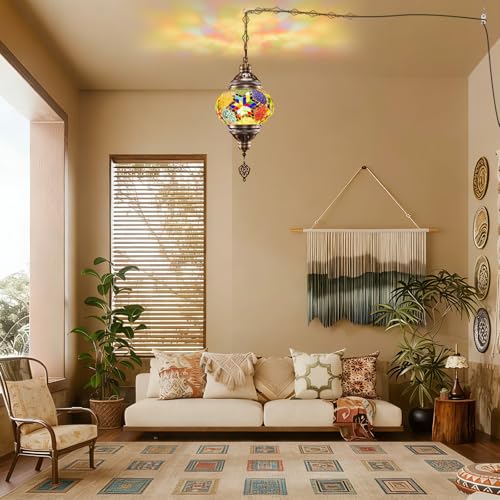 7.2" D Turkish Moroccan Mosaic Hanging Pendant Lamp Plug