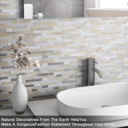 Marble Peel and Stick Backsplash Stick Tiles Subway Beige Gray 10 (Beige Grey)