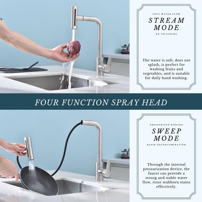 Kitchen Faucet with Pull Down Sprayer SUS304 Stainless Steel Waterfall Kitchen Sink Faucet 4 Functions Brushed Nickel Pull Out Kitchen Sink Faucets Utility Rv for 1 or 3 Hole Sink (4 Function Kitchen Faucet-Brushed Nickel)