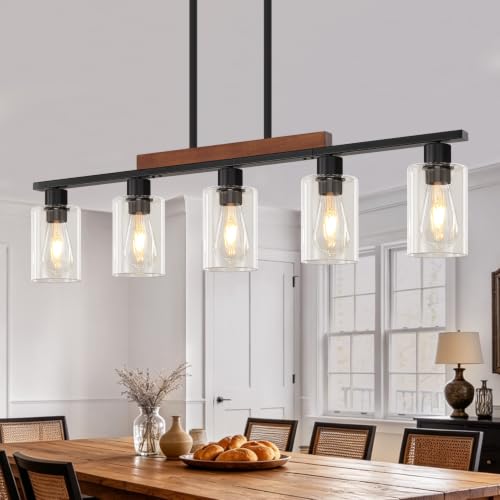 Farmhouse Island Lights for Kitchen Black Dining Room Light Fixtures Over Table with White Shade Wood Linear Chandelier Lighting with Adjustable for Kitchen Island Dining Room