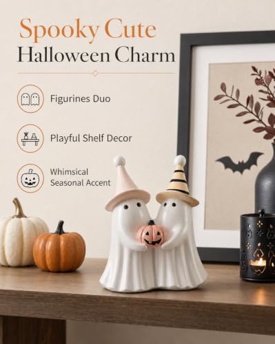 Spooky Cute Halloween Ghost Holding Pink Pumpkin Figurine (White Ghost Duo)