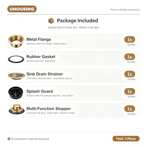 5-in-1 Garbage Disposal Flange Set – Complete Kit with Sink Strainer, Splash Guard, Stopper & Rubber Gasket – Fits 3-1/2 Inch Sink Drain – Multiple Colors