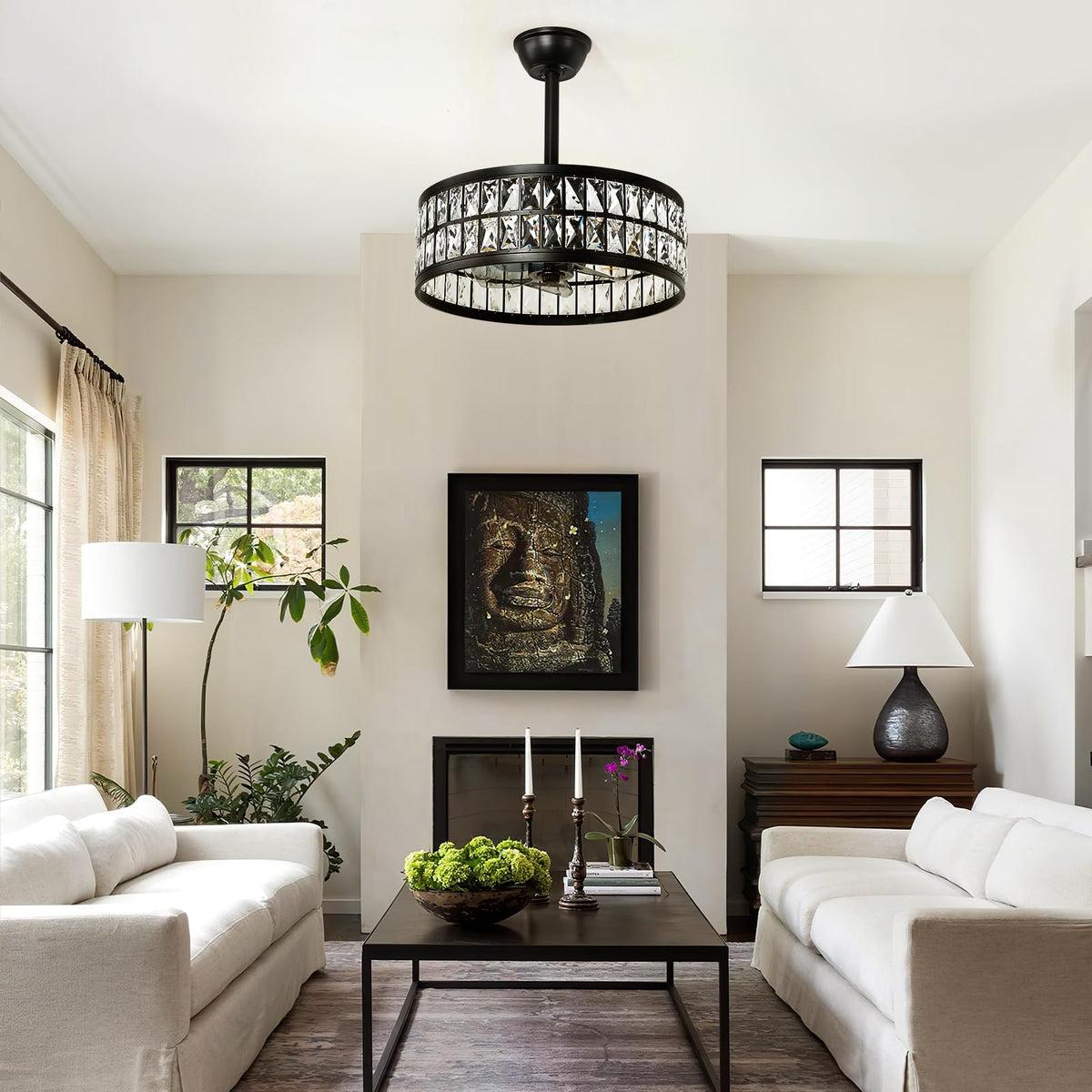 Black Caged Ceiling Fan with Light and Remote Control 19" Bladeless Crystal Modern Fandelier Semi Flush Mount Farmhouse Chandelier Ceiling Fan for Kitchen Bedroom Dining Room (Black)