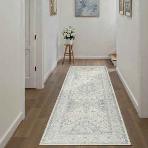2x6 Blue Washable Runner Rug Non Slip Vintage Carpet (Vintage | Blue / 2' x 6' (Runner))