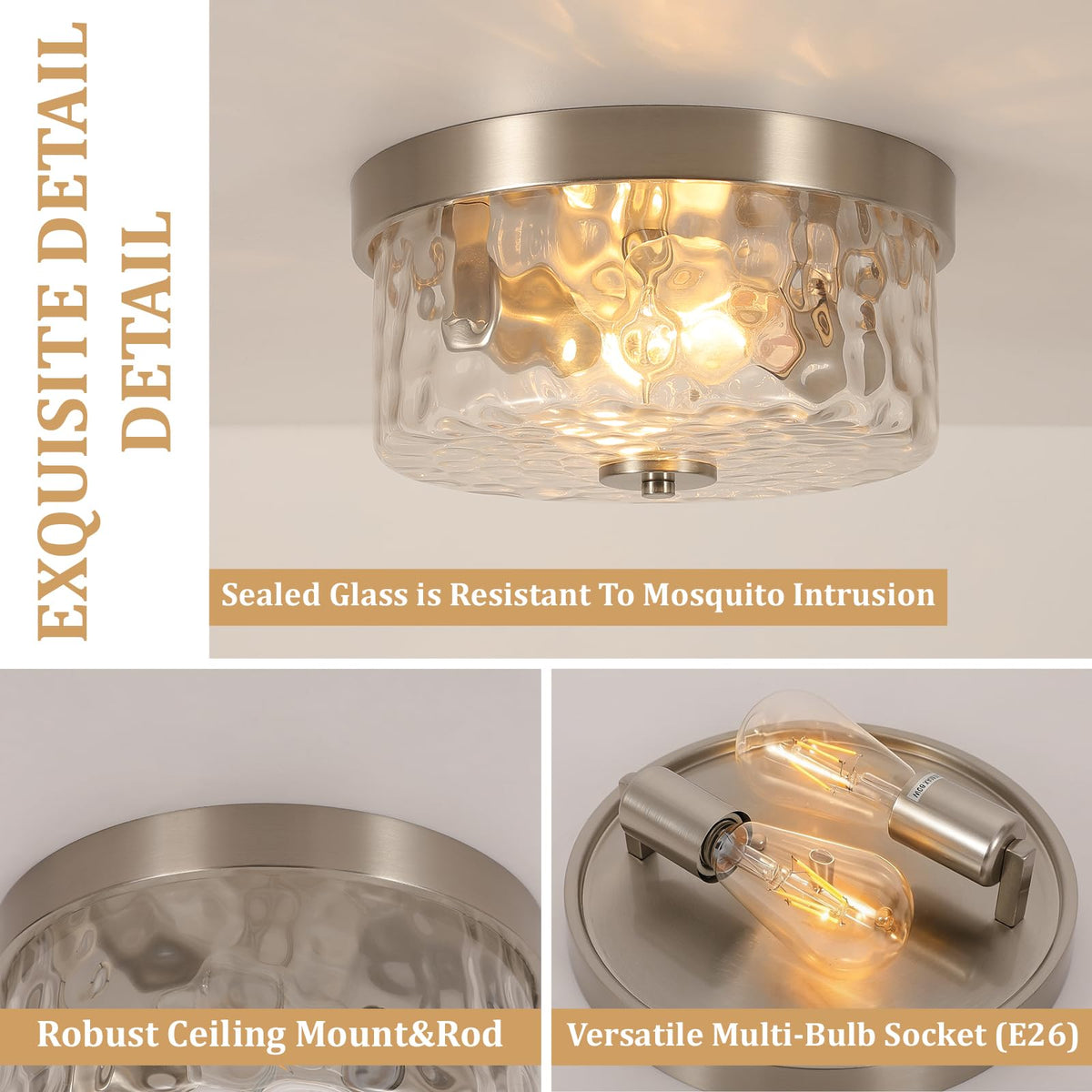 Brushed Nickel Flush Mount Ceiling Light (Brushed Nickel Water Ripple Glass)