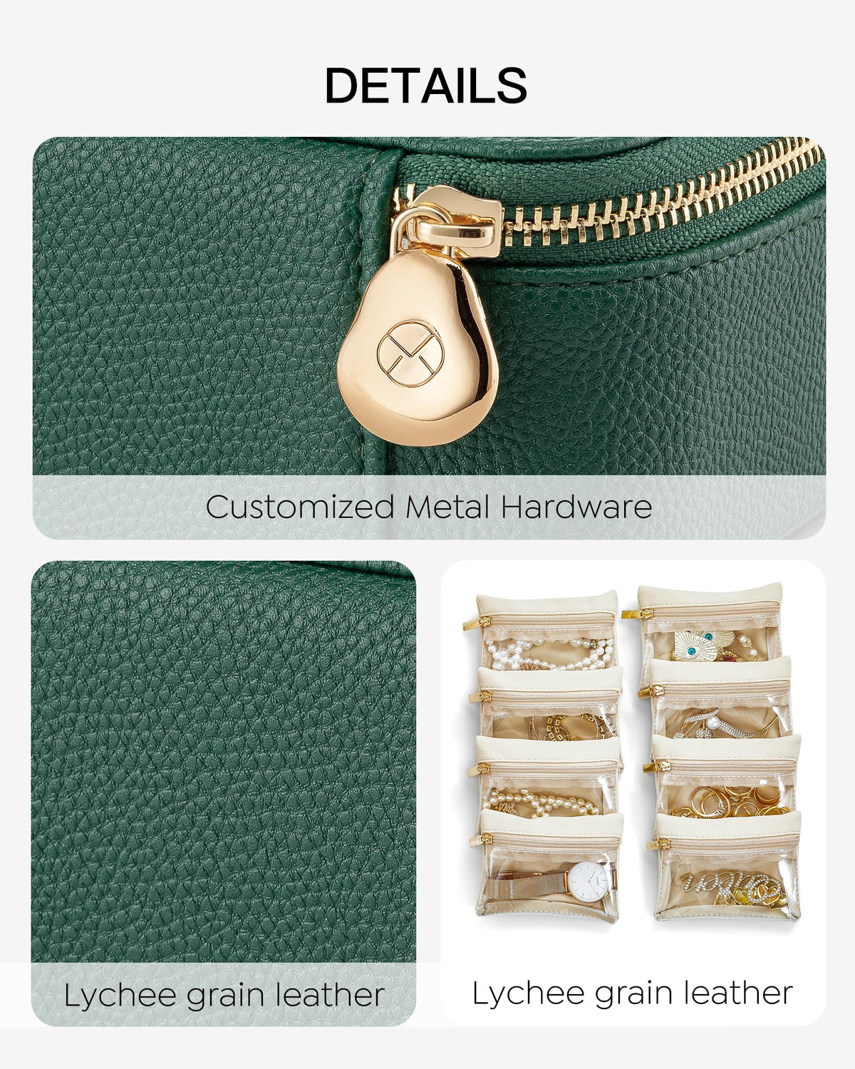 Travel Jewelry Box with 8 Clear Velvet Zipper Pouches (C.8 PCS Green)