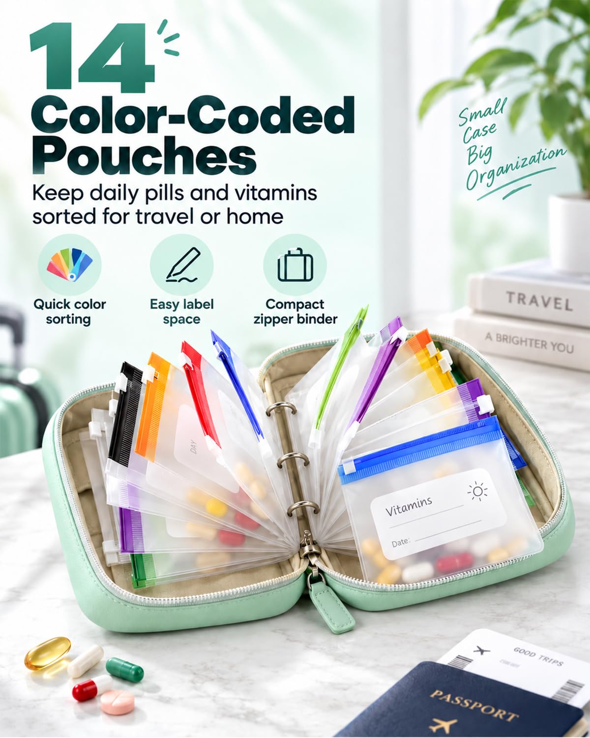 Waterproof Pill Organizer Pill Pouches for Travel 14 PCS Zippered Bags (White)