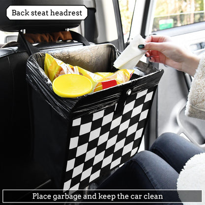 Checkered Black White Car Trash Can Car Organizer Car Garbage Can with Adjustable Strap for Back Front Seat Console Waterproof Leakproof Collapsible Portable 11 Inch Checkerboard (Checkerboard / M)