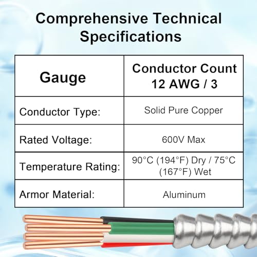 12 3 Metal Clad MC Cable 25FT (25FT / 12AWG/3)