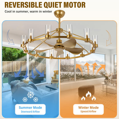 44" Wagon Wheel Chandelier Ceiling Fan with 12 Lights (Gold)