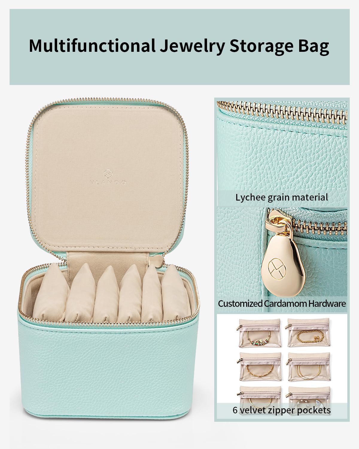 Jewelry Box with 6 Clear Velvet Zipper Pouches (E.6 PCS Lake Blue)