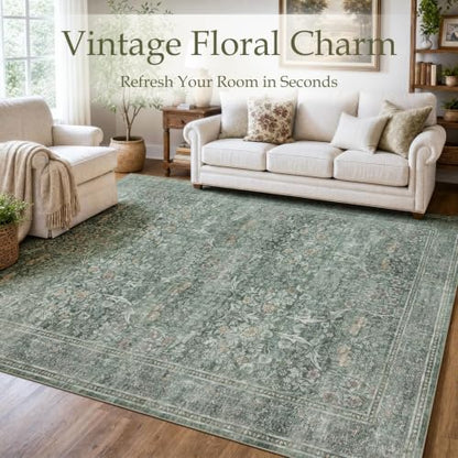 Entryway Rug 2x3 Washable Vintage Floral Rug (Moss Green / 2' x 3' (Rectangular))