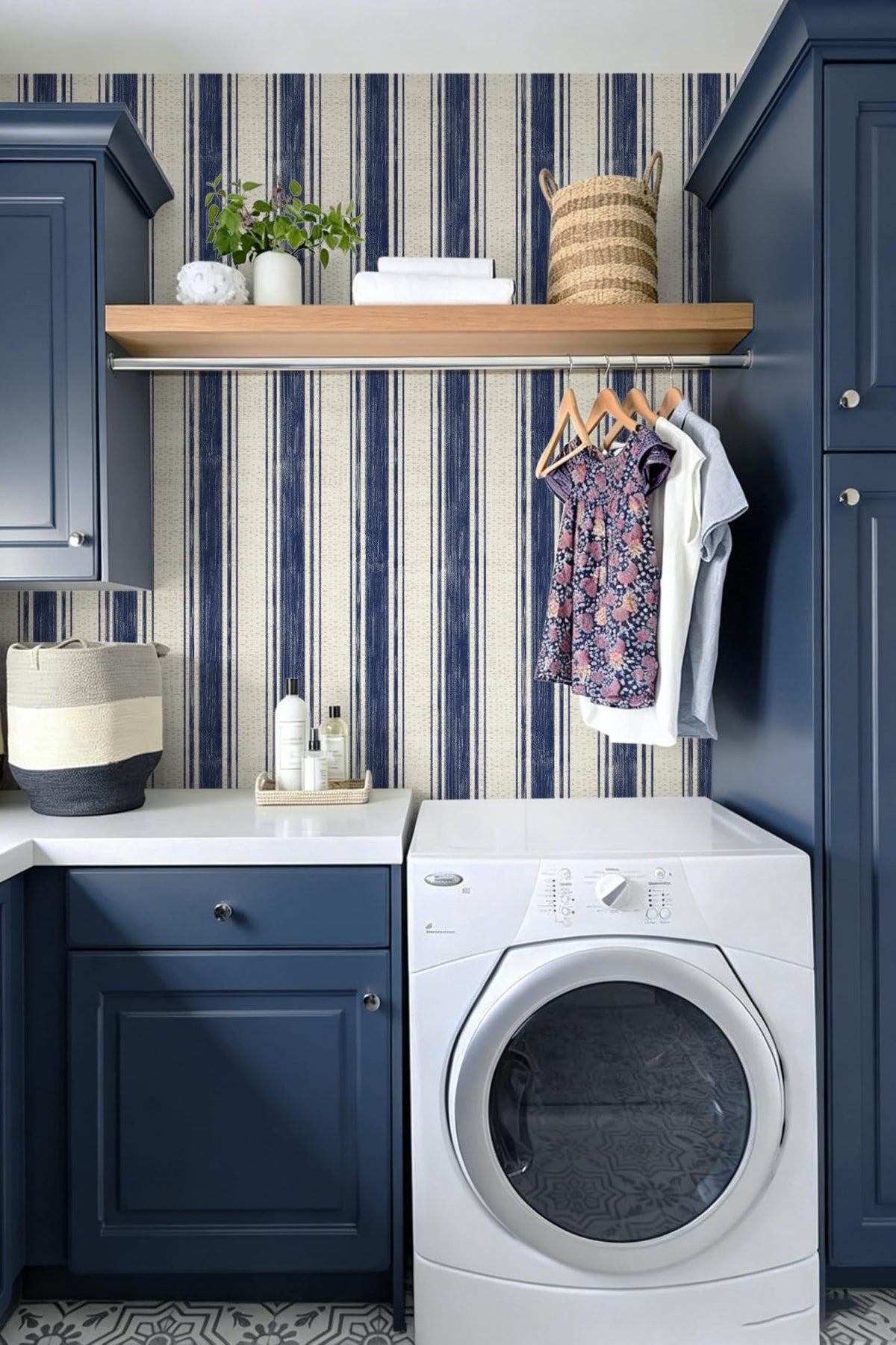 Wallpaper Peel and Stick Blue and Cream White Striped 17.3"x393" Vintage Hand (Blue and Cream White / 17.3" x 393")
