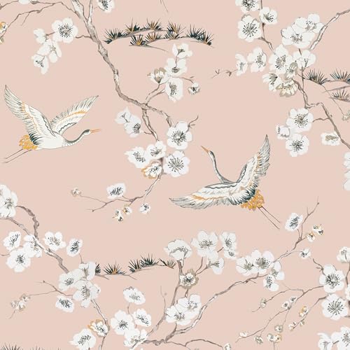 Pink Crane Wallpaper Peel and Stick Japanese Cherry Blossom Wallpaper Vintage Asian Bird Flying Crane Contact Paper Self Adhesive