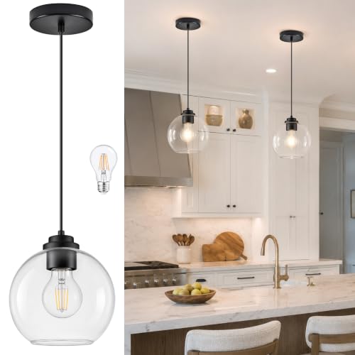 8" Globe Pendant Light Pendant Lights Kitchen Island Black Clear Glass Pendant Lights Height Adjustable Mid Century Modern Light Fixture for Dining Room Bedroom Entryway Foyer Bulb Incl (Black & Clear Glass / 8 Inch)