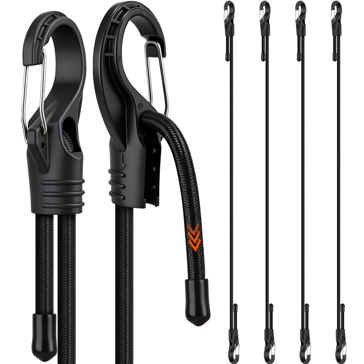 4-Piece 48-inch Adjustable Bungee Cords with Hooks, Easily Adjust from 7" to 48", Heavy Duty Outdoor Carabiner Bungee Cords, Black Super Elastic Cord for Cargo, Camping, Tents, Luggage (4pcs 48" Adjustable Black)