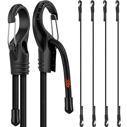 4-Piece 48-inch Adjustable Bungee Cords with Hooks, Easily Adjust from 7" to 48", Heavy Duty Outdoor Carabiner Bungee Cords, Black Super Elastic Cord for Cargo, Camping, Tents, Luggage (4pcs 48" Adjustable Black)
