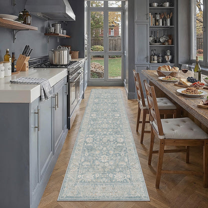 2x8 Blue Washable Runner Rug Non Slip Retro Distressed Carpet (Distressed | Blue / 2' x 8' (Runner))