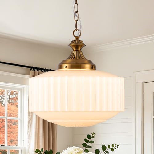 Vintage Brass Milk Glass Pendant Light Fixture