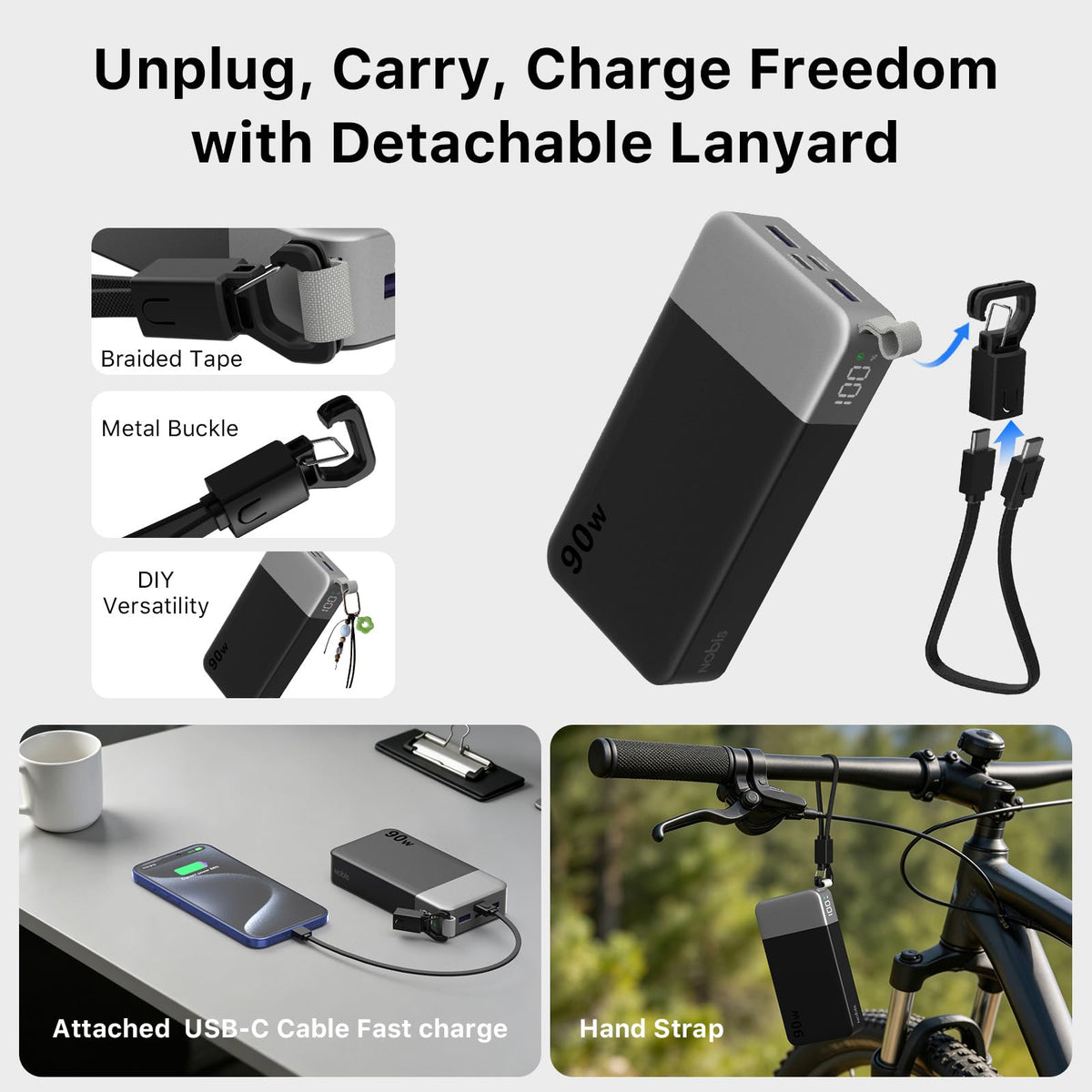 90W Portable Charger 20000mAh Power Bank with Detachable C (Black)