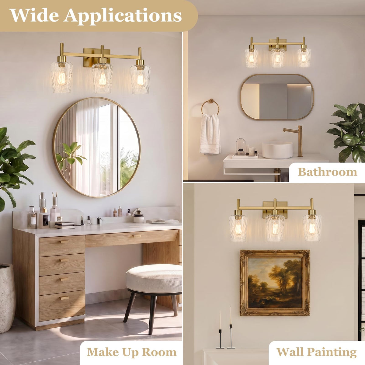 3 Light Bathroom Vanity Light Modern with Hammered Glass Shade (Gold / 3 Lights)