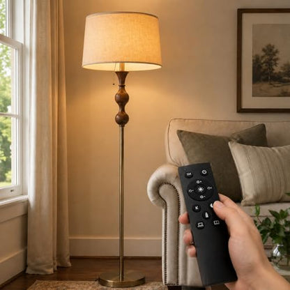 Wood & Brushed Floor Lamp with Pull Chain Switch & Remote Control