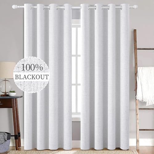 100% Blackout Linen Curtains for Bedroom 52x90 Inches Grayish White (Grayish White / 52"W x 90"L (Pack of 2))