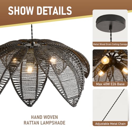 Boho Rattan Chandeliers Light Fixture Hand Woven Wicker Pendant Light Coastal Hanging Pendant Light for Living Dining Room Kitchen Island