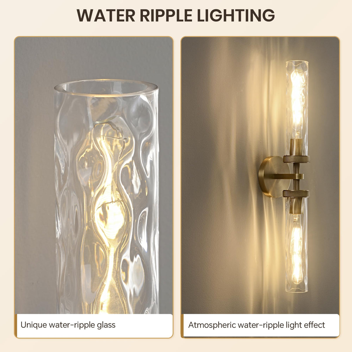 24in Bathroom Sconces with Water Ripple Glass (Brass / 24in-2PK)