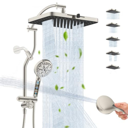 13" Rainfall Shower Head with 5 Spray Modes with Extra Height 12" Shower Arm
