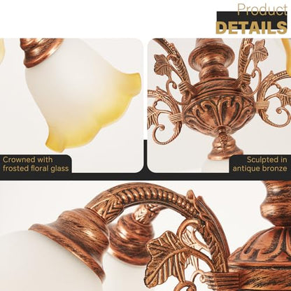 Vintage Antique Chandelier Bronze Finish with Frosted Gradient Amber Floral Glass Shades