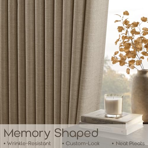 100 Inch Pleat Thick Linen Semi Sheer Dark Flax Memory Shaped Curtains (Dark Flax / 40"W x 100"L (Pack of 2))