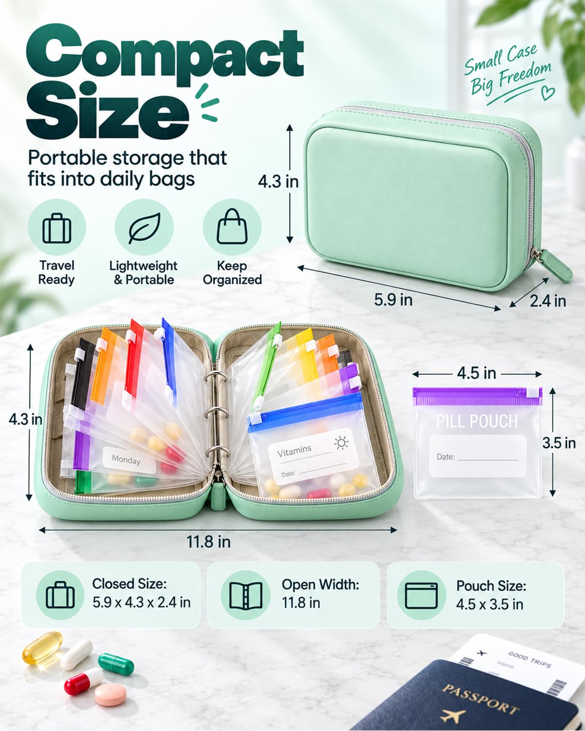 Waterproof Pill Organizer Pill Pouches for Travel 14 PCS Zippered Bags (Green)