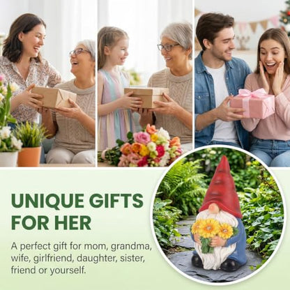 Solar Garden Gnome Statue with Lighted Sunflower Bouquet for Outdoor Decor