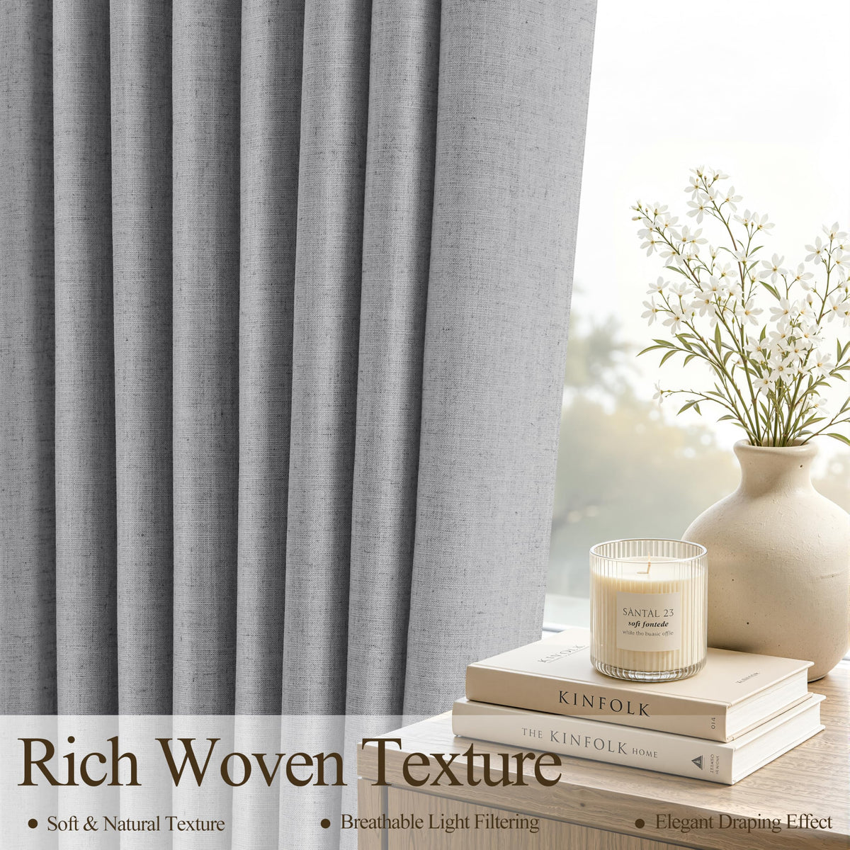 Grey Grommet Linen Curtains 84 Inches Long for Living Room (Grey / 52"W x 84"L (Pack of 2))