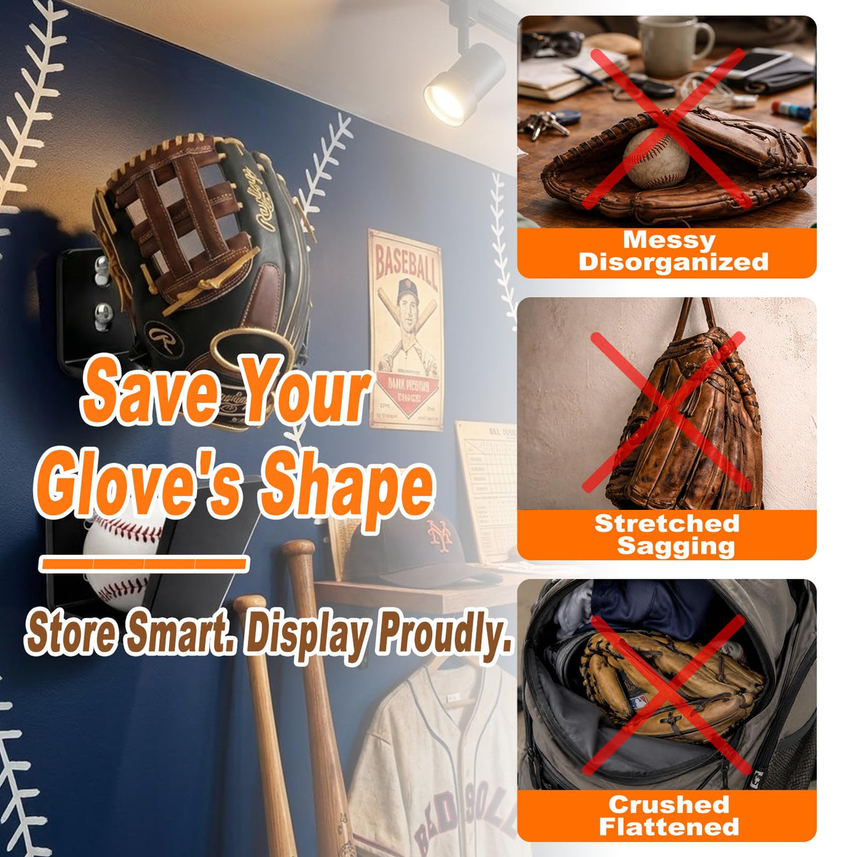 4Pcs Baseball & Softball Glove Wall Mount Display Holders (Black / 4 Pcs)