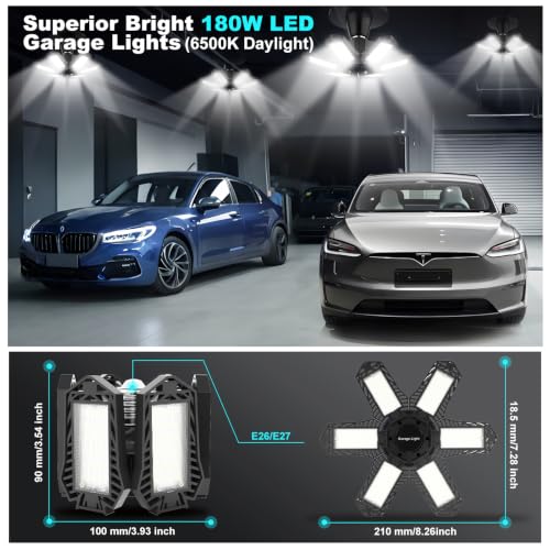 Led Garage Light180W Led Garage Ceiling Light 18000LM Led Shop Light 6500K Super Bright Deformable Garage Led Lights Ceiling Led Lights for Garage Light E26 E27 Garage Lights for Basement Attic